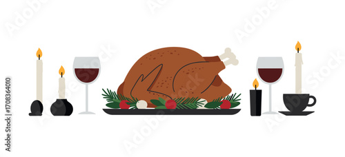 Thanksgiving feast celebration cozy dining room food platter festive environment aesthetic viewpoint family gathering. Vector illustration