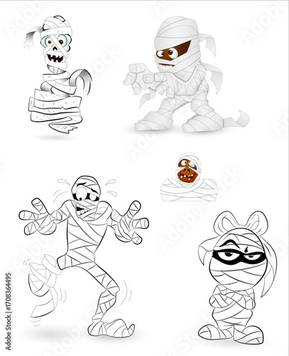 Collection of cartoon mummies in various poses and expressions.