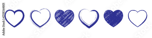 Set of heart vector icons isolated on white background. Grunge style. Valentine's Day.	Hand drawn.