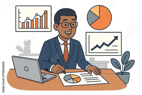 Professional businessman at desk analyzing financial data report. Man in office with charts, graphs for business analytics, marketing strategy, investment growth concept.