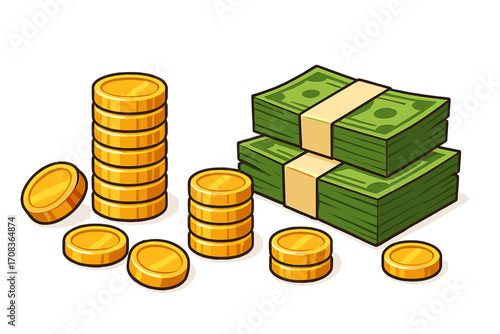 Money vector illustration. Gold coins stacks and cash bundles. Cartoon banknotes and golden coins. Concept of wealth, savings, profit, and finance. Business investment.