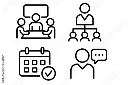 Business meeting & management icon set. Office communication, teamwork, organization chart, schedule calendar & employee chat vector icons for web & mobile apps. Line art style.