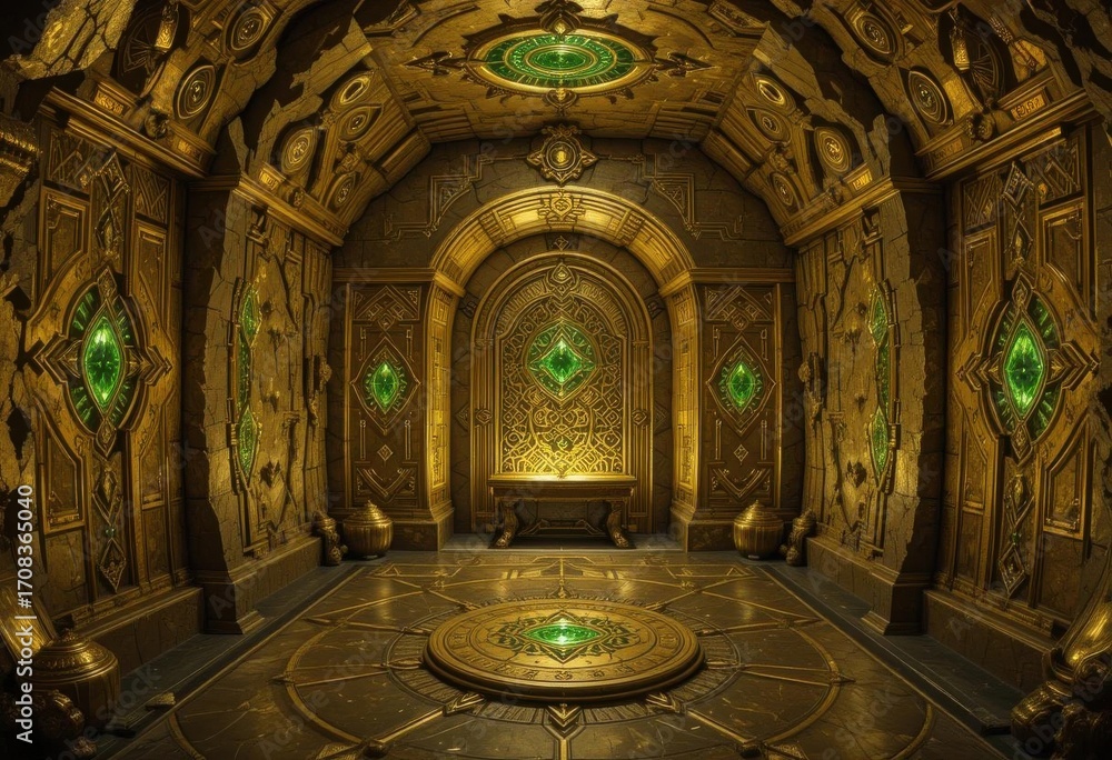 Obraz premium Peridot Patterned Chamber Gold Mine, Peridot Jewels, Geometric Patterns, Cave, Chamber, Fantasy Ambiance, Hidden
