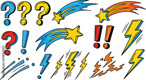 Comic Book Elements Question Marks, Exclamation Points, Stars, and Lightning Bolts