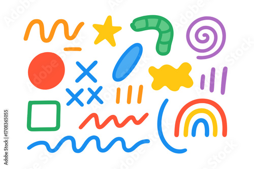 Set of colorful hand drawn abstract shapes and doodles. Childish marker scribbles, lines, and forms. Creative vector design elements for kids. Funky minimal cartoon background.