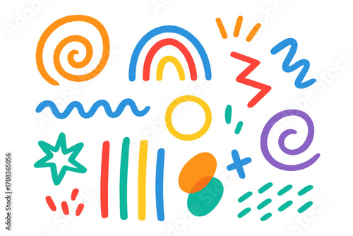 Set of colorful hand drawn abstract shapes. Collection of various doodle elements. Marker scribbles, lines, squiggles, spiral, rainbow. Funky 80s 90s retro design assets.