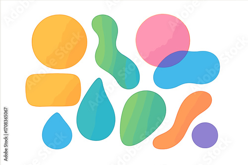 Set of colorful abstract liquid shapes. Vector collection of modern translucent gradient blobs. Fluid amoeba-like forms for creative design, poster, banner or background.