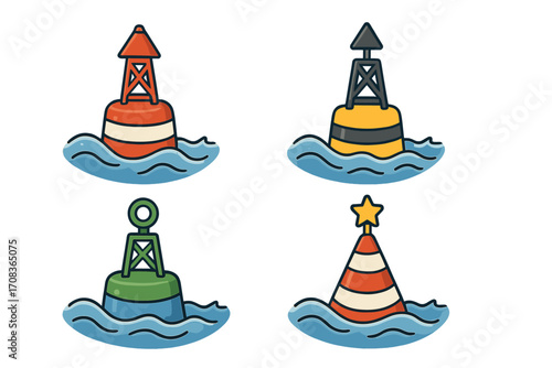Set of colorful nautical buoy vector icons floating on sea waves. Marine navigation and safety symbols. Cartoon illustration collection of different channel markers for design.