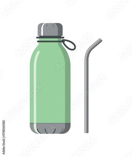 Eco-friendly water bottle with straw modern design minimalist style sustainable living view. Vector illustration