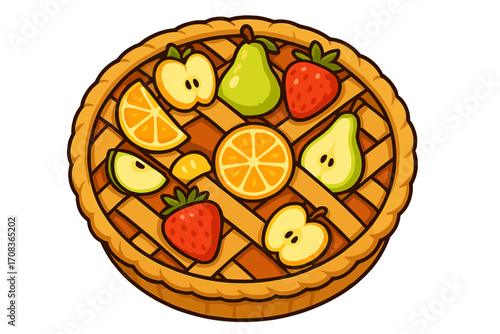 Colorful fruit pie with lattice crust. Sweet homemade pastry dessert with apple, strawberry, pear, orange. Delicious bakery food concept. Vector cartoon illustration icon.