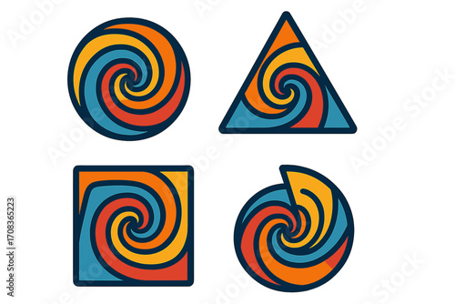 Colorful geometric spiral shape set. Abstract vector logo and icon collection. Circle, triangle, square with vortex pattern. Modern retro swirl graphic design elements.