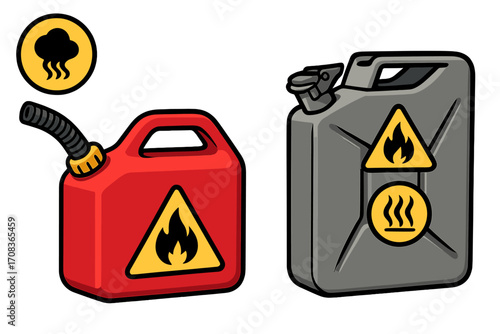 Two fuel containers, red plastic gasoline can and metal jerrycan with flammable hazard warning signs. Vector icon set comparing fuel canister designs and safety symbols.