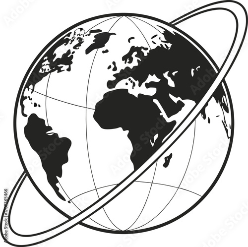 Globe with Orbit Line Art Vector Illustration