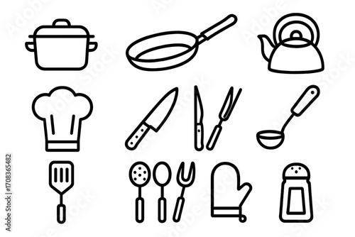 Cooking essentials outline icon set. Kitchen utensil and tools line collection. Vector cartoon illustration of cookware, chef hat, pot, pan, knife and spatula icons.