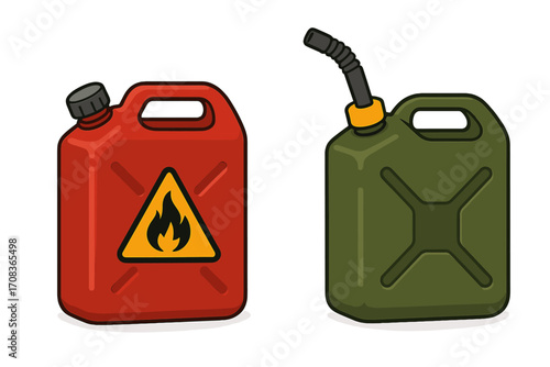 Two fuel containers vector illustration. Red plastic gas can with flammable safety warning sign and green metal jerry can. Gasoline, petrol, diesel, energy concept.
