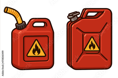 Set of two red plastic fuel canisters, a gas can and a jerrycan. Vector cartoon illustration with flammable safety warning sign. Isolated gasoline and diesel containers.