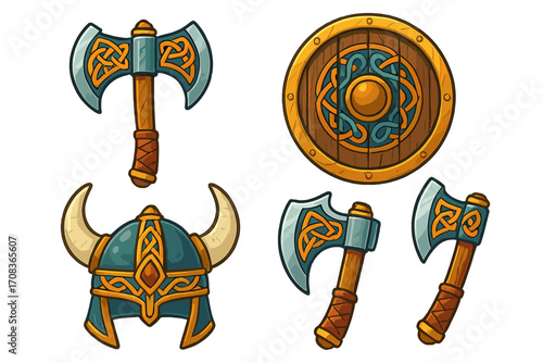 Viking weapon and armor set with axe, shield, and horned helmet. Cartoon vector illustration for game assets. Norse warrior equipment with Celtic knot ornament design.
