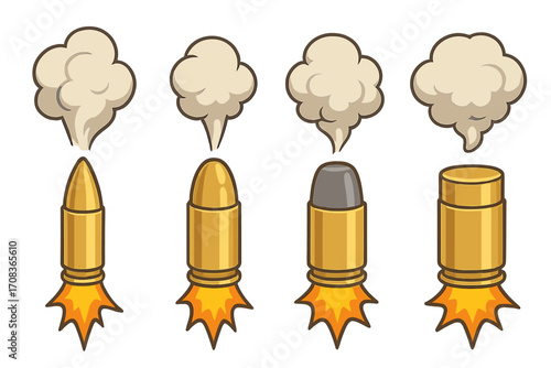 Flying bullets cartoon vector set. Different ammo types with fire blast and smoke cloud. Gun shot, firearm cartridge and ammunition icon collection for game design.