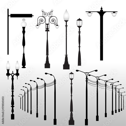 Collection of various street lamps and lighting fixtures in silhouette.