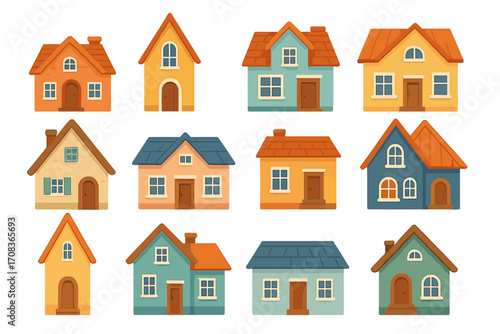 Set of cute cartoon houses. A collection of various small tiny homes. Vector illustration of different buildings for real estate, village or town. Simple flat architecture icons.