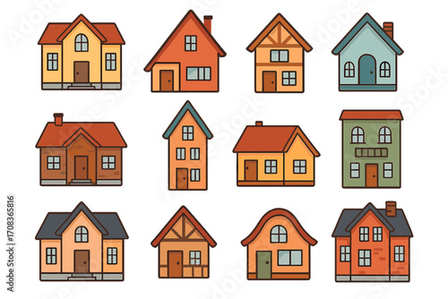 House collection vector illustration set. Cartoon homes and buildings icons. Real estate, architecture, and property symbols. Various simple stylized suburban house designs.