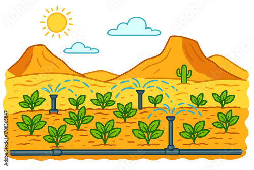 Desert farming with an irrigation system. Agriculture technology concept. Plant cultivation with automatic sprinklers. Watering crops in arid landscape. Smart farm vector.