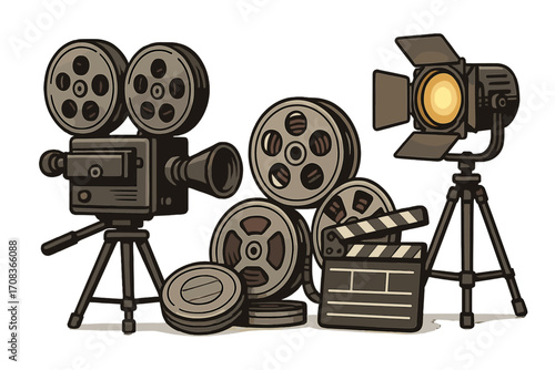 Vintage movie production equipment set. Retro film camera, reel, clapperboard, and studio light. Cinema industry concept. Filmmaking vector cartoon illustration isolated.
