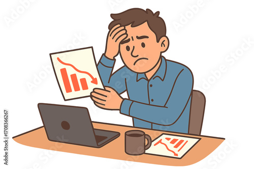 Frustrated businessman at desk facing financial crisis. Sad man analyzes declining report with falling chart. Concept of economy recession, loss, failure, bankruptcy, problems.