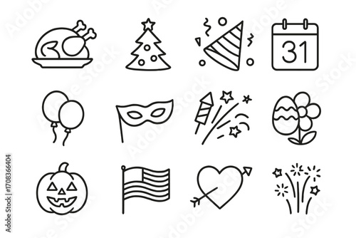 Holiday festival line icon set. Celebrate seasons with outline icons for Christmas, New Year, Halloween, Thanksgiving, Easter, Valentines Day. Party event vector symbols.