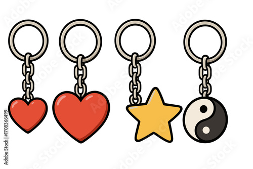 Keychain vector set with heart, star, and yin-yang charms. Collection of cartoon key holder trinkets. Love, success, and balance symbols for souvenir or gift design.
