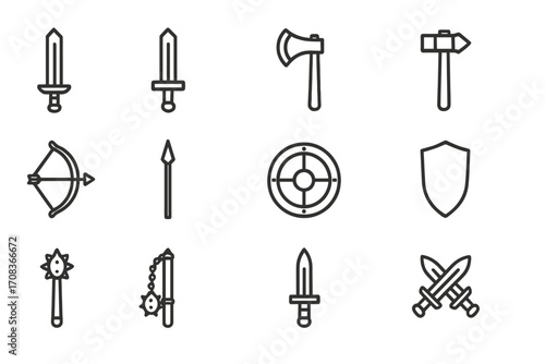 Medieval weapons line icon set. Knight armoury outline collection. Sword, axe, bow, shield, mace, and spear icons. Vector graphic for fantasy RPG games or history.