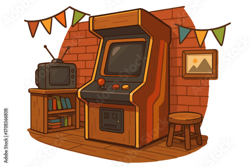 Retro arcade game cabinet in a cozy gaming room. Vintage 80s nostalgia. Vector cartoon illustration of a classic video game machine with joystick in an entertainment room.