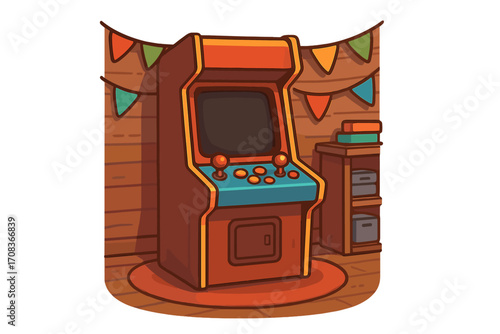 Retro arcade game cabinet in a vintage gaming room. Old school 8-bit video game machine for classic fun. Nostalgic 80s 90s entertainment. Vector cartoon illustration.