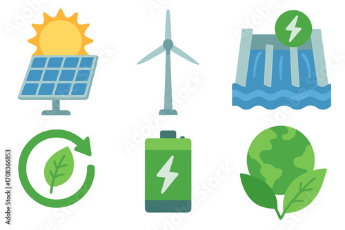 Renewable energy icon set with green power sources. Solar panel, wind turbine, and hydro dam. Sustainable technology for a clean environment. Vector eco symbols collection.