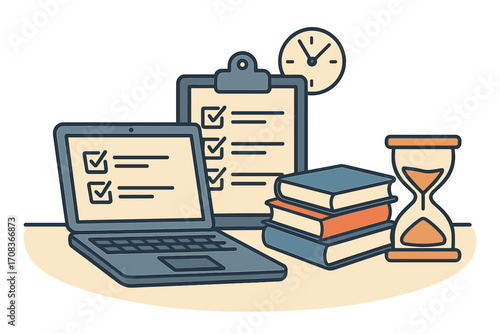 Time management concept. Organizing tasks with laptop, checklist. Productivity, planning, deadline control with hourglass, clock. Business workspace study vector illustration.