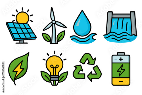 Renewable energy icon set. Green power symbols for sustainable solutions. Solar panel, wind turbine, hydropower dam, eco battery, and recycling sign. Vector cartoon icons.