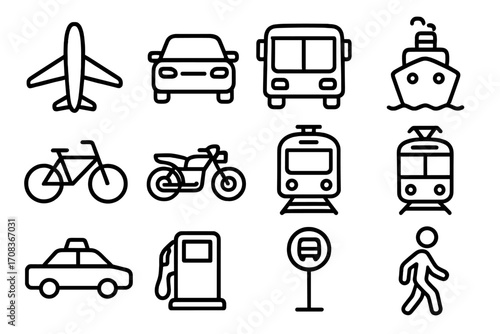 Transportation line icon set for travel and commute. Public transport symbols collection. Vector outline icons of car, bus, plane, ship, train, bike, taxi, walk, gas station.