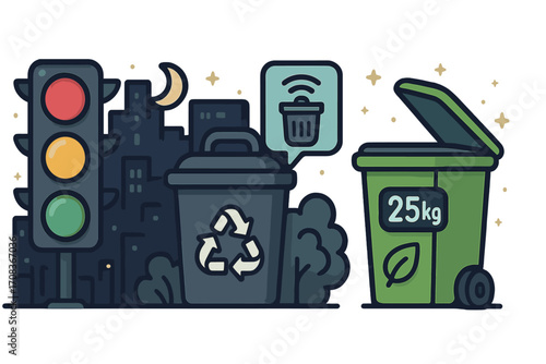 Smart city concept with traffic light and intelligent waste management. Urban night scene with IoT sensor bin for recycling and ecology. Vector cartoon illustration set.