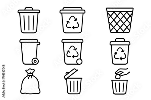 Trash and recycling line icon set for waste management. Garbage disposal vector symbols. Bin, container, and dustbin collection for ecology and environmental concepts. Rubbish.