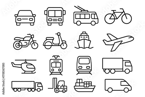Vector transportation outline icon set for logistics and delivery. Includes public transit vehicle symbols like car, bus, train, ship, and airplane. Simple line art pictograms.