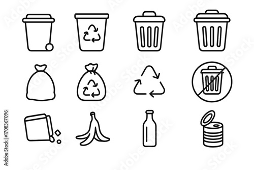 Trash and recycling line icon set. Waste management collection with garbage bin, container, rubbish bag, and sorting symbols. Vector illustration for ecology concept.