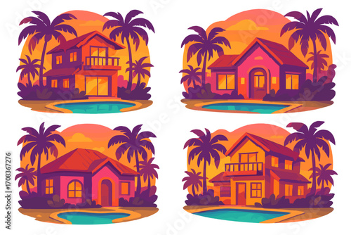Tropical villa set with swimming pool at sunset. Vector cartoon illustration of summer vacation homes. Real estate exterior. Luxury resort with palm trees at evening glow.