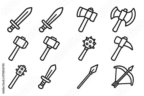 Weaponry line icon set. Medieval fantasy weapons collection. Vector outline symbols of sword, axe, hammer, mace, spear, crossbow for RPG games. Cartoon combat equipment.