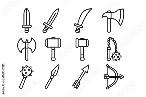 Medieval weapon line icon set. Fantasy swords, axes, war hammer, mace, flail, spear, and bow. RPG game assets vector. Outline warrior equipment for viking or barbarian.