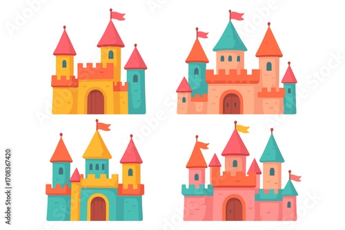 Set of colorful cartoon castles. Vector illustration for children's books or games. Fairytale kingdom palace with towers and flags. Fantasy medieval architecture design element.