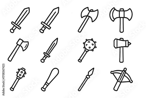 Medieval weapon line icon set. Vector outline fantasy arms collection. Simple game assets. Cartoon illustration of battle icons: sword, axe, hammer, mace, spear, crossbow.