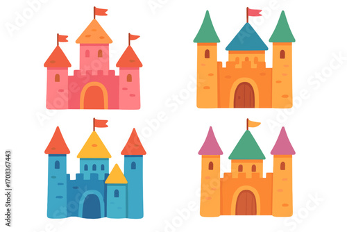 Colorful cartoon castle set for children's illustrations. Fairytale kingdom palace collection. Vector icons for kids' storybooks, games, or fantasy design elements. Cute simple fortress graphics.