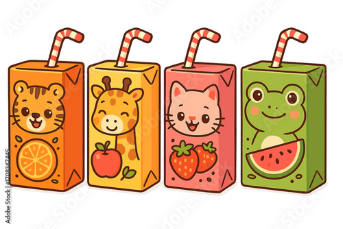 Cute animal juice box set. Kawaii characters packaging design. Tiger, cat, frog, giraffe. Cartoon vector illustration for kids. Children's drink, fruit snack pack collection.