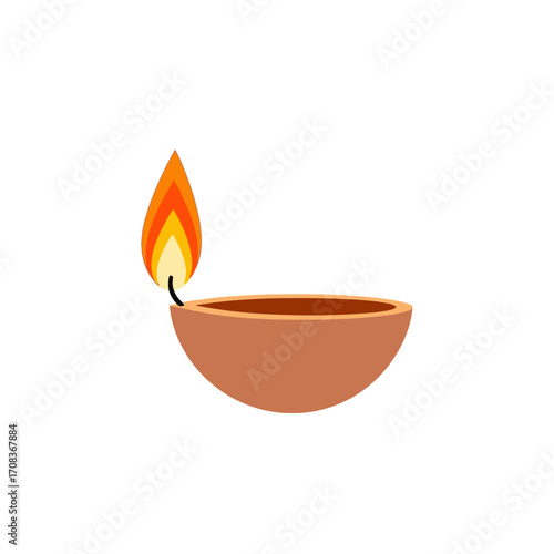 Traditional Clay Diya Lamp with Burning Flame Illustration