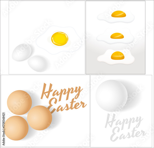 Easter eggs and fried eggs with happy easter greetings on white background.